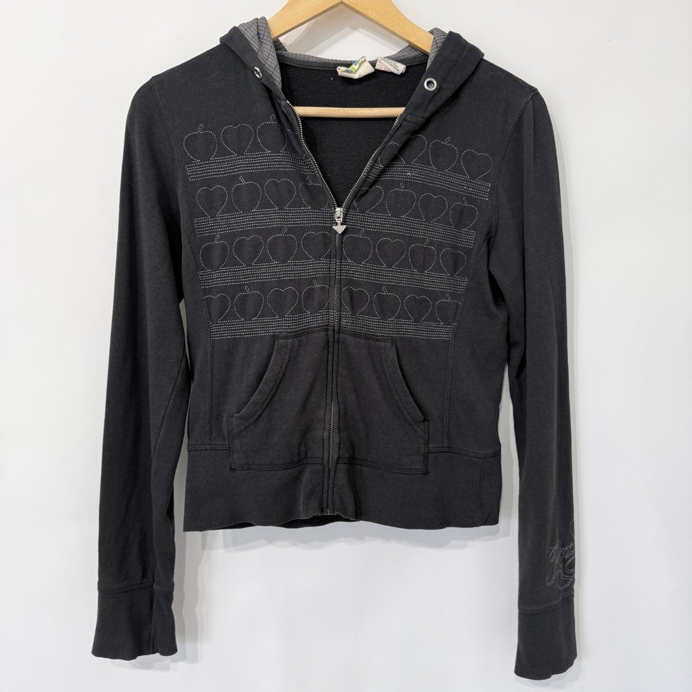 Roxy‎ Y2K Cropped Full Zip Hoodie Jacket Small Black Embroidered Hearts Apples